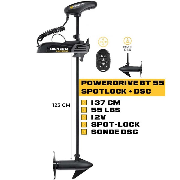 Moteur électrique avant Minn Kota POWERDRIVE BT 55 Lbs Spot-Lock 12V 137 cm avec micro-télécommande et sonde DSC intégrée - N°8 - comptoirnautique.com