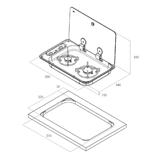 Plaque de cuisson inox encastrable avec couvercle fumé FC1336 dimensions - N°2 - comptoirnautique.com