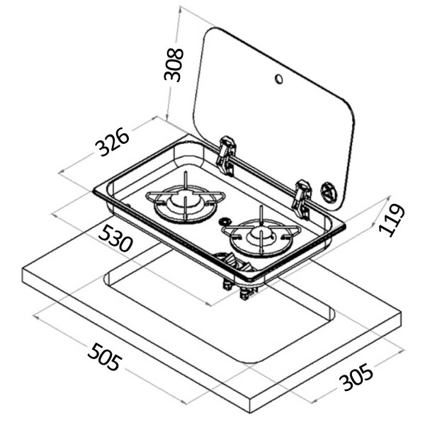 Plaque de cuisson inox avec couvercle fumé NL.21002 dimensions - N°1 - comptoirnautique.com