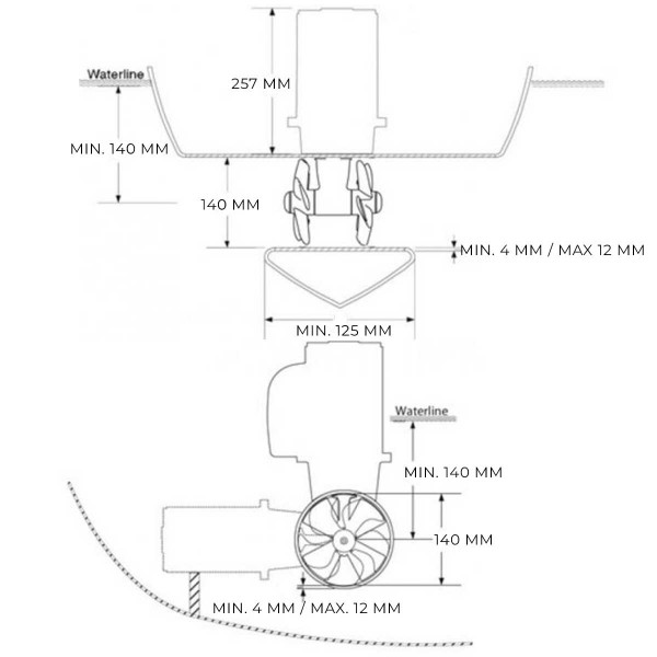 Propulseur d'étrave électrique SE40/140-OST 12V Sleipner schéma des dimensions - N°1 - comptoirnautique.com