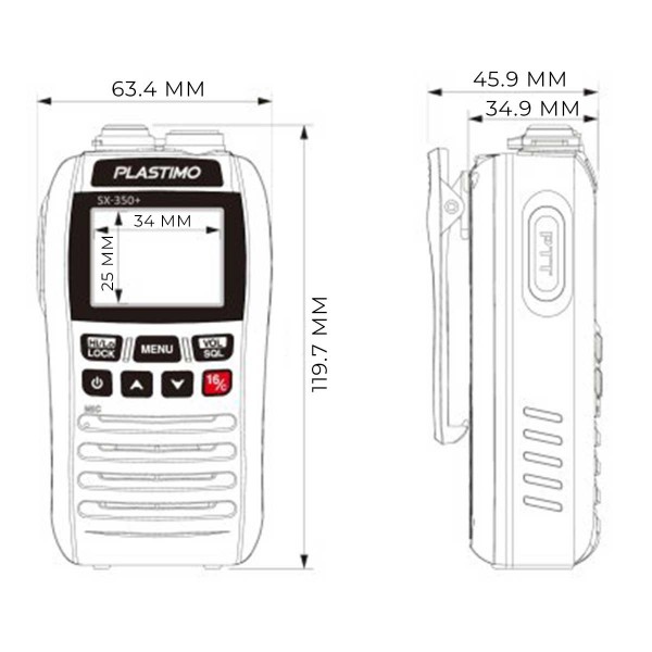 Dimensions de la VHF portable Plastimo SX-350+ - N°7 - comptoirnautique.com