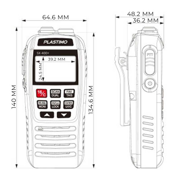 Dimensions de la VHF portable Plastimo SX-400+ - N°7 - comptoirnautique.com