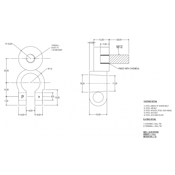 Cosse de batterie type D avec filetage M12 positive - N°2 - comptoirnautique.com