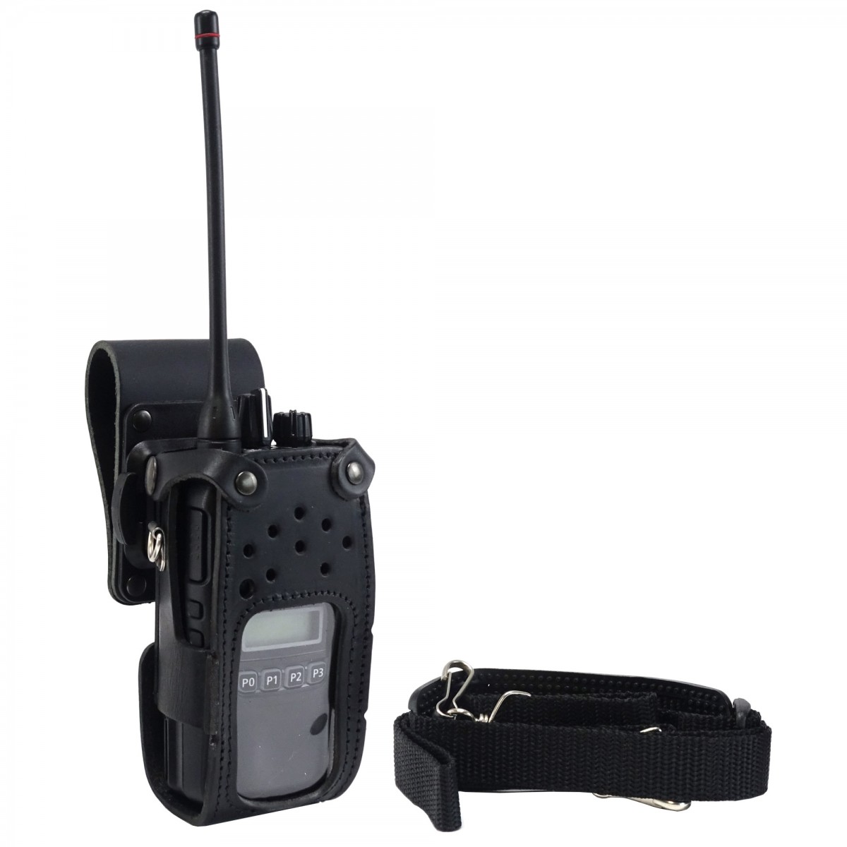 Housse cuir avec clip pivot et passant ceinture avec bouton pression pour portatif