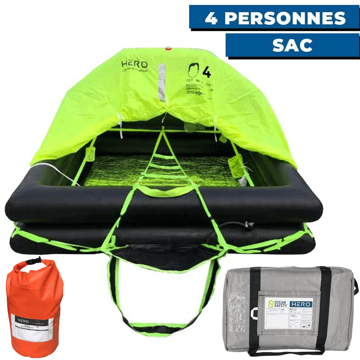 Radeau de survie hauturier Ocean Safety avec armement complet +24H En sac 4 personnes sac étanche de survie Grab Bag