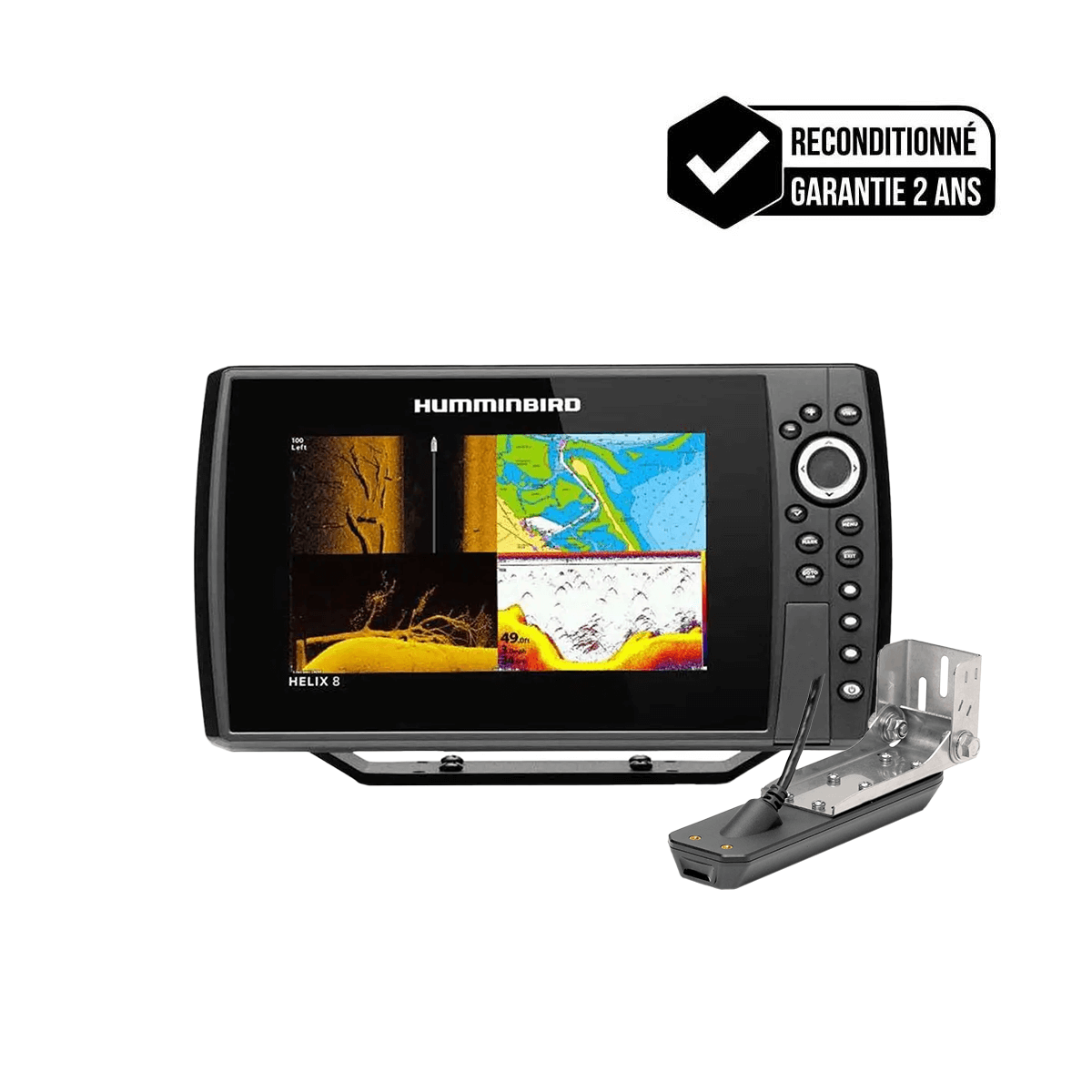 GPS Traceur Sondeur Humminbird Helix 8 G4N CHIRP MEGA SI+ + sonde tableau arrière - Reconditionné