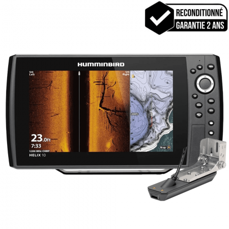 GPS traceur Sondeur Humminbird Helix 10 G4N CHIRP MEGA SI+ + sonde tableau arrière - Reconditionné