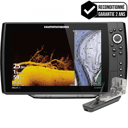 GPS Sondeur Humminbird Helix 12 G4N CHIRP MEGA SI+ + sonde tableau arrière - Reconditionné