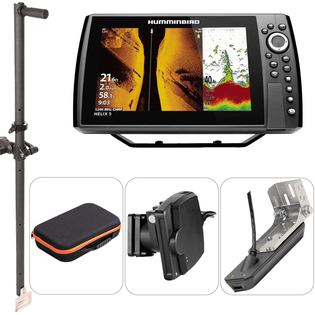 Pack complet Humminbird Helix 9 G4N MSI+ + Sonde Mega Live Imaging + sonde tableau arrière + perche de sonde 1m et sacoche