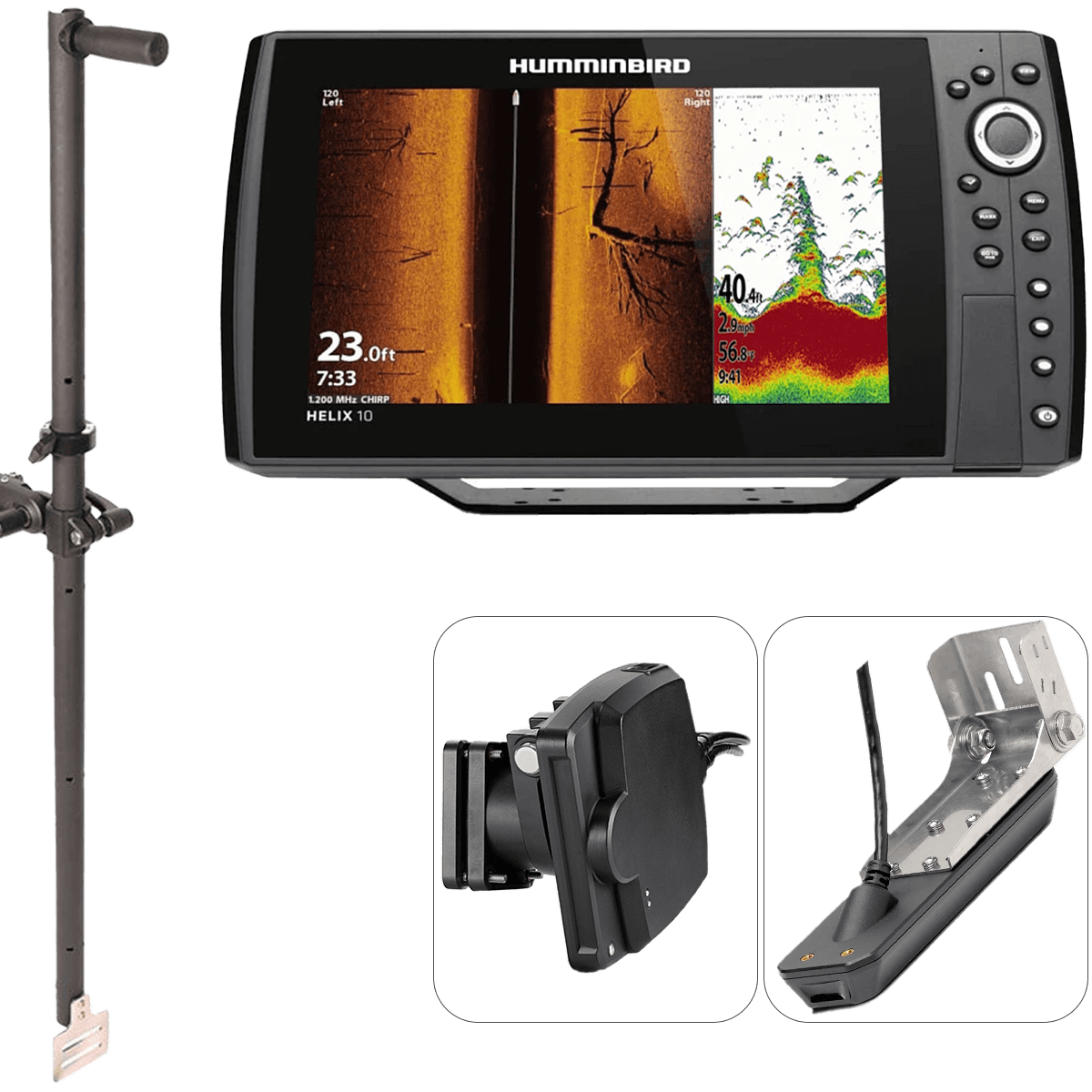 Pack complet Humminbird Helix 10 G4N MSI+ + Sonde Mega Live Imaging + sonde tableau arrière + perche de sonde 1m