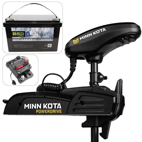 Pack moteur avant Minn Kota POWERDRIVE 55 Lbs + Batterie 12V 100A BSR - N°1 - comptoirnautique.com