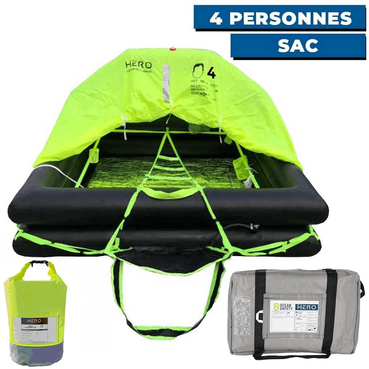 Radeau de survie hauturier Ocean Safety avec armement complet +24H En sac 4 personnes sac étanche de survie Grab Bag
