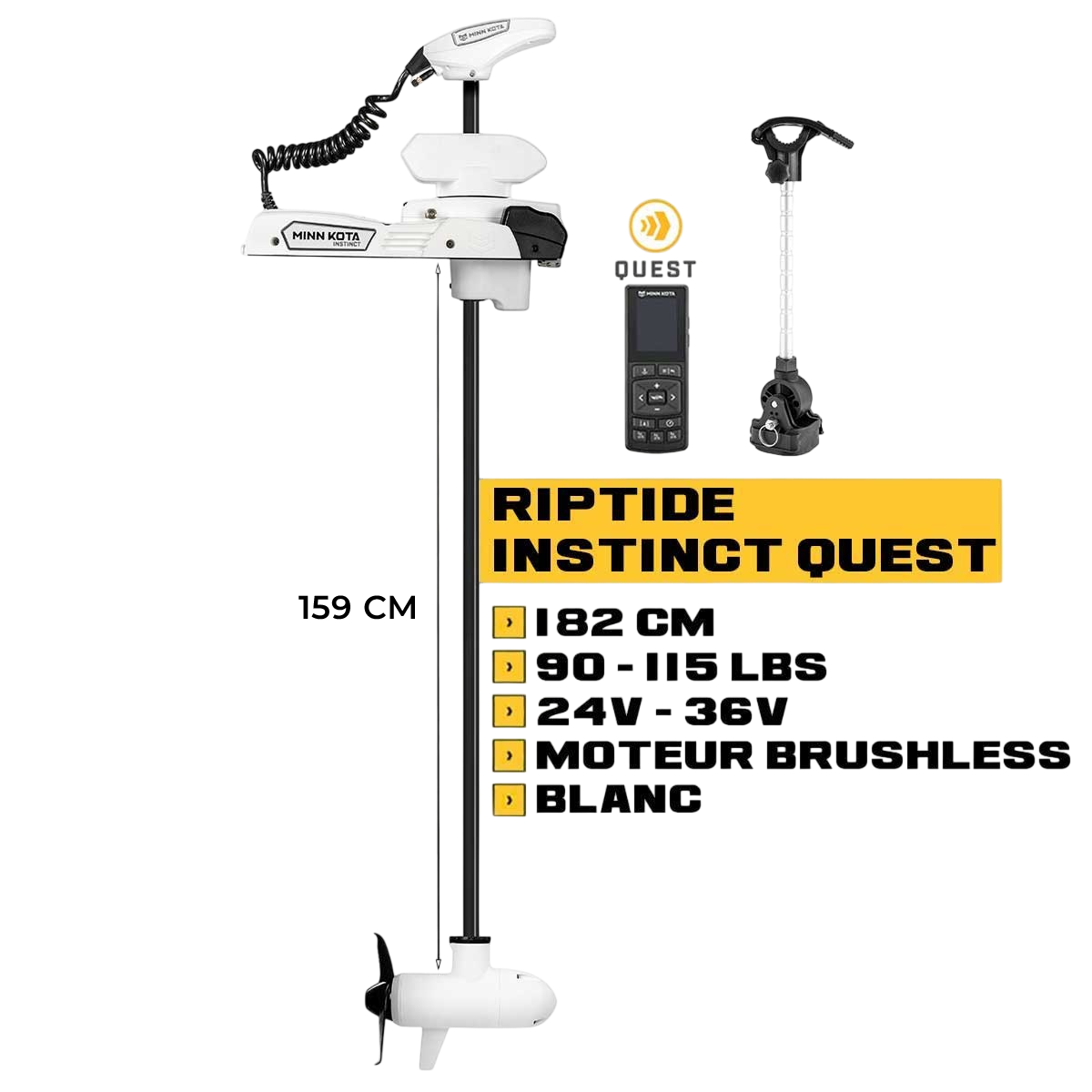 Moteur avant Minn Kota RIPTIDE INSTINCT QUEST mer + télécommande - blanc - 182 cm - 24V/36V - 90/115LBS