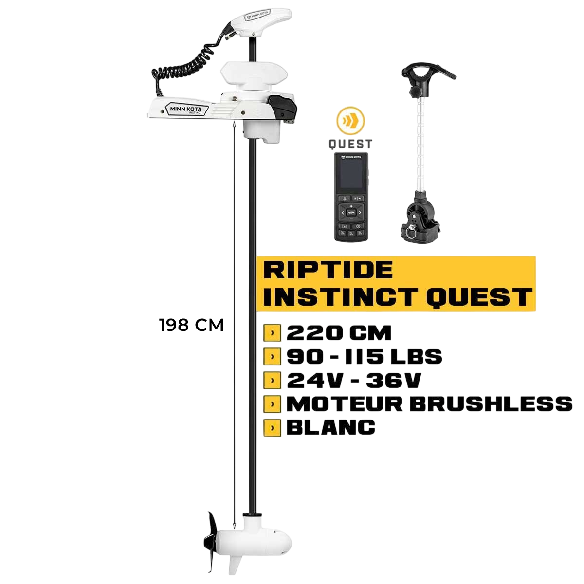 Moteur avant Minn Kota RIPTIDE INSTINCT QUEST mer + télécommande - blanc - 220 cm - 24V/36V - 90/115LBS