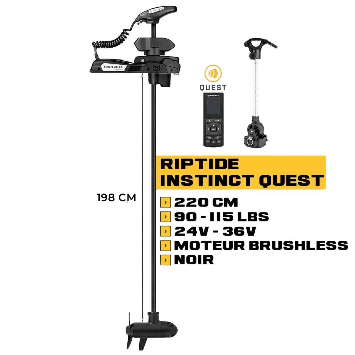 Moteur avant Minn Kota RIPTIDE INSTINCT QUEST mer + télécommande - noir - 220 cm - 24V/36V - 90/115LBS
