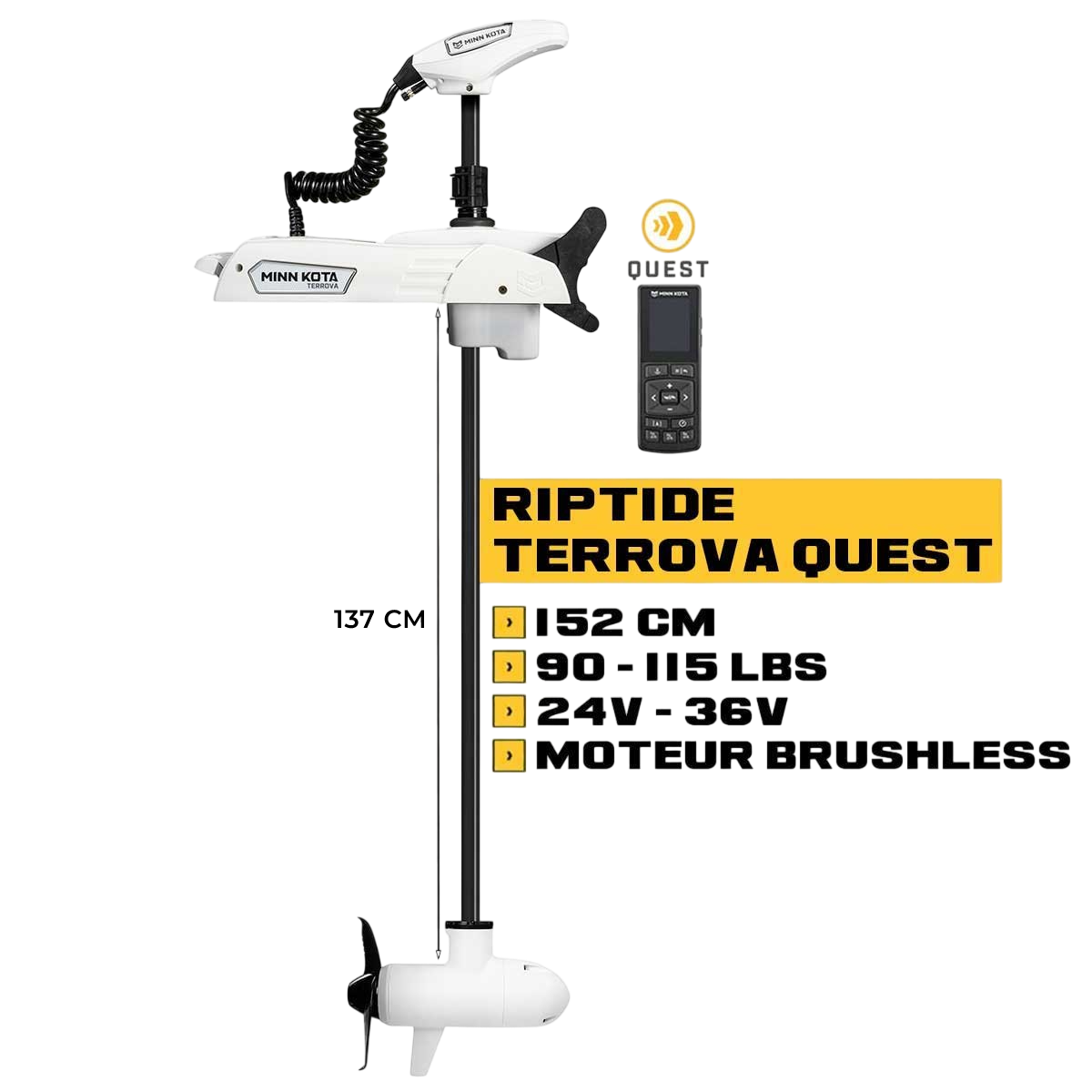 Moteur avant Minn Kota RIPTIDE TERROVA QUEST + télécommande - 152 cm - 24V/36V - 90/115LBS - eaux salées
