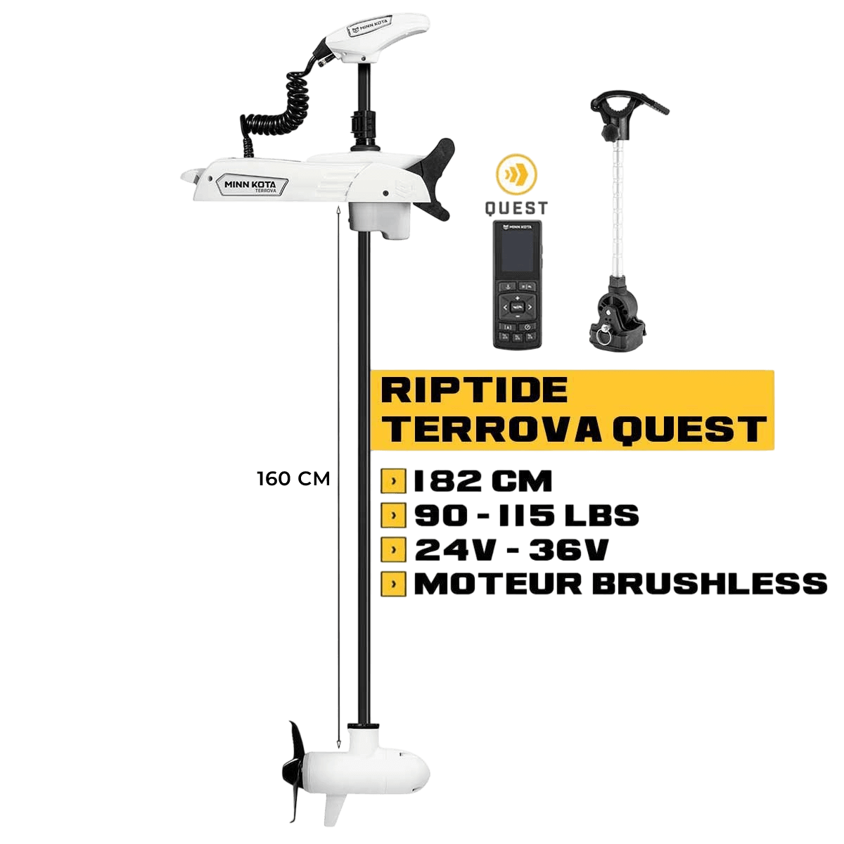 Moteur avant Minn Kota RIPTIDE TERROVA QUEST + télécommande - 182 cm - 24V/36V - 90/115LBS - eaux salées