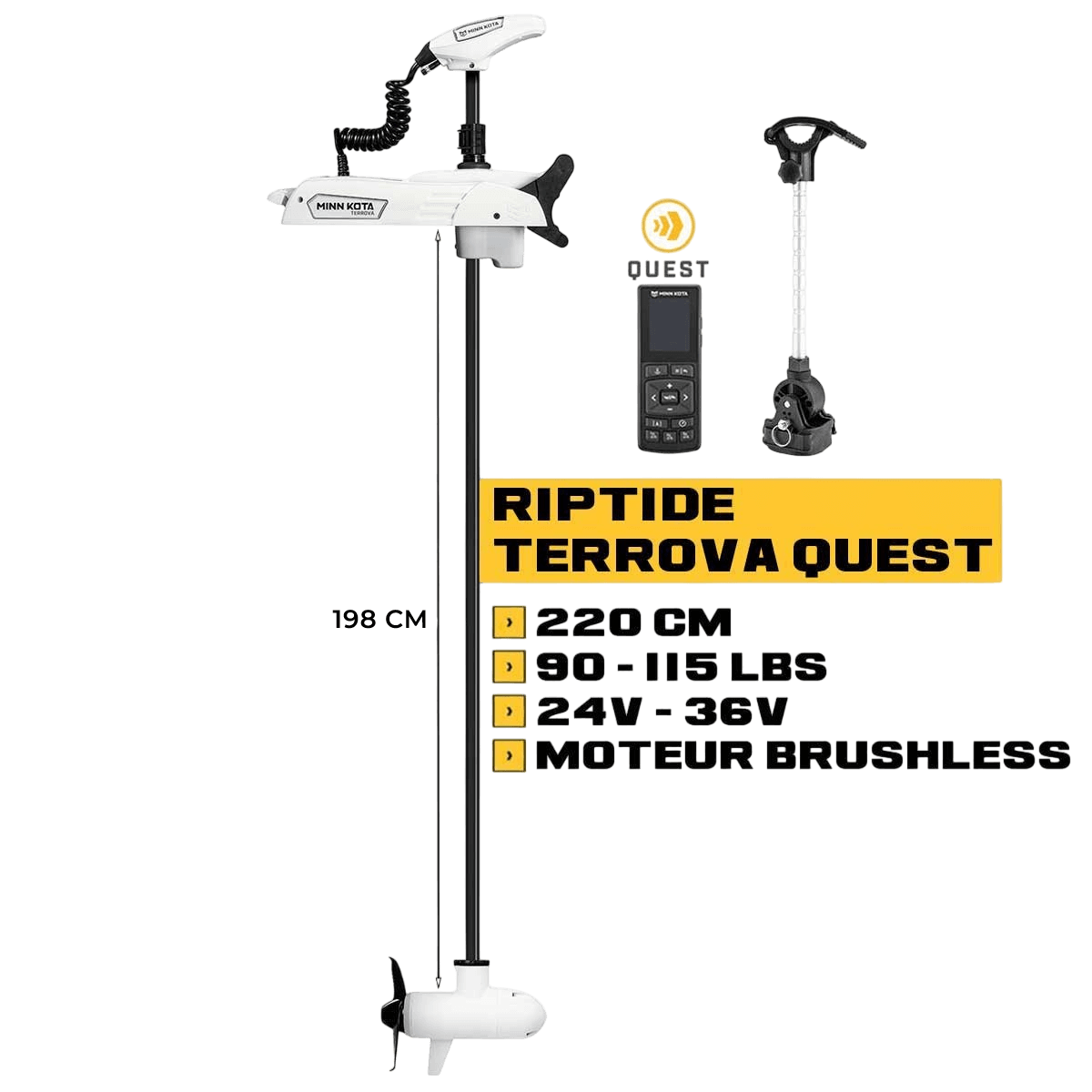 Moteur avant Minn Kota RIPTIDE TERROVA QUEST + télécommande - 220 cm - 24V/36V - 90/115LBS - eaux salées