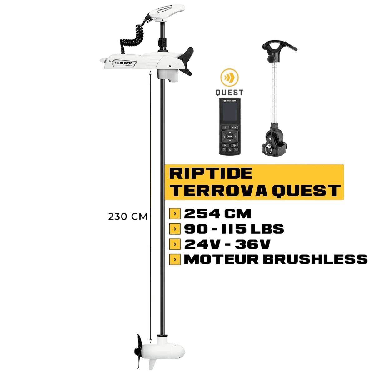 Moteur avant Minn Kota RIPTIDE TERROVA QUEST + télécommande - 254 cm - 24V/36V - 90/115LBS - eaux salées