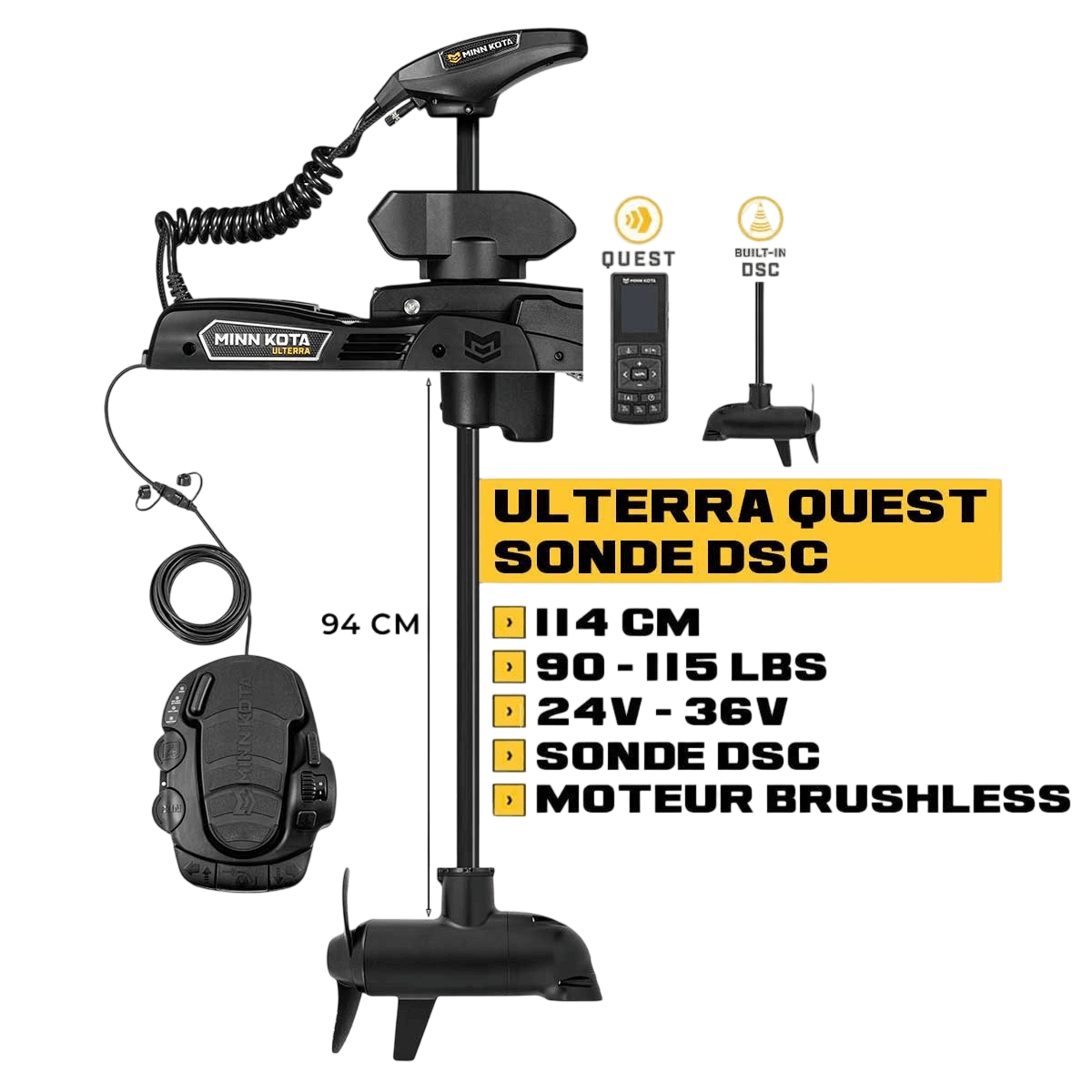 Moteur avant Minn Kota ULTERRA QUEST 114 cm + sonde DSC + pédale + télécommande - eaux douces - 24V/36V - 90/115LBS