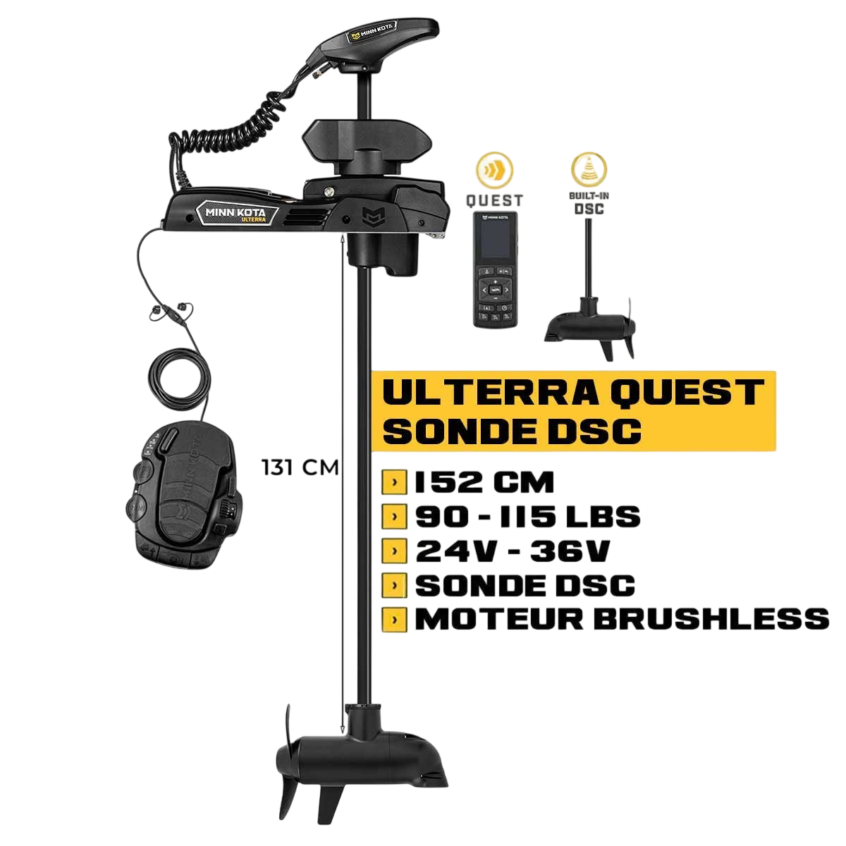 Moteur avant Minn Kota ULTERRA QUEST 152 cm + sonde DSC + pédale + télécommande - eaux douces - 24V/36V - 90/115LBS