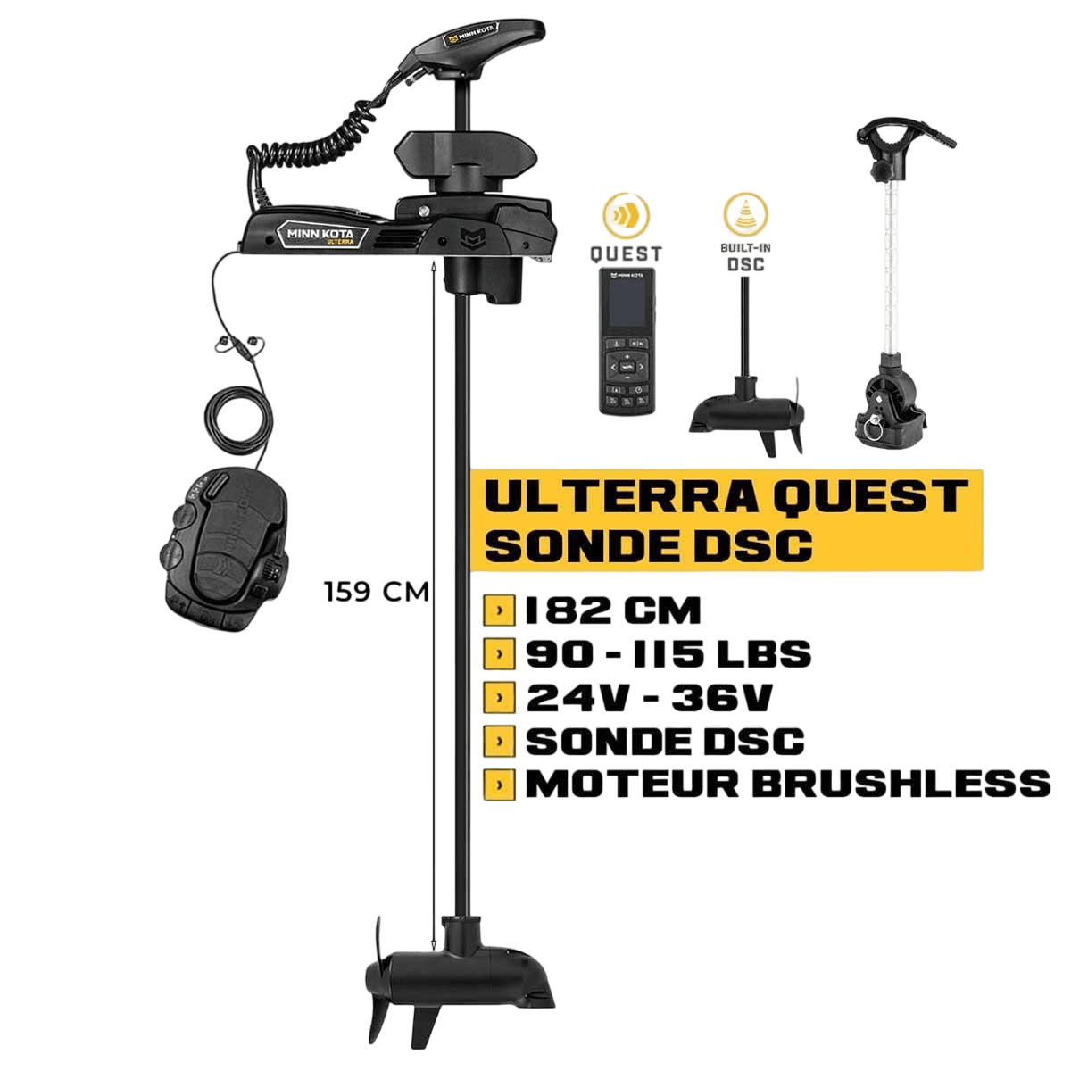 Moteur avant Minn Kota ULTERRA QUEST 182 cm + sonde DSC + pédale + télécommande - 24V/36V - 90/115LBS + kit stabilisateur
