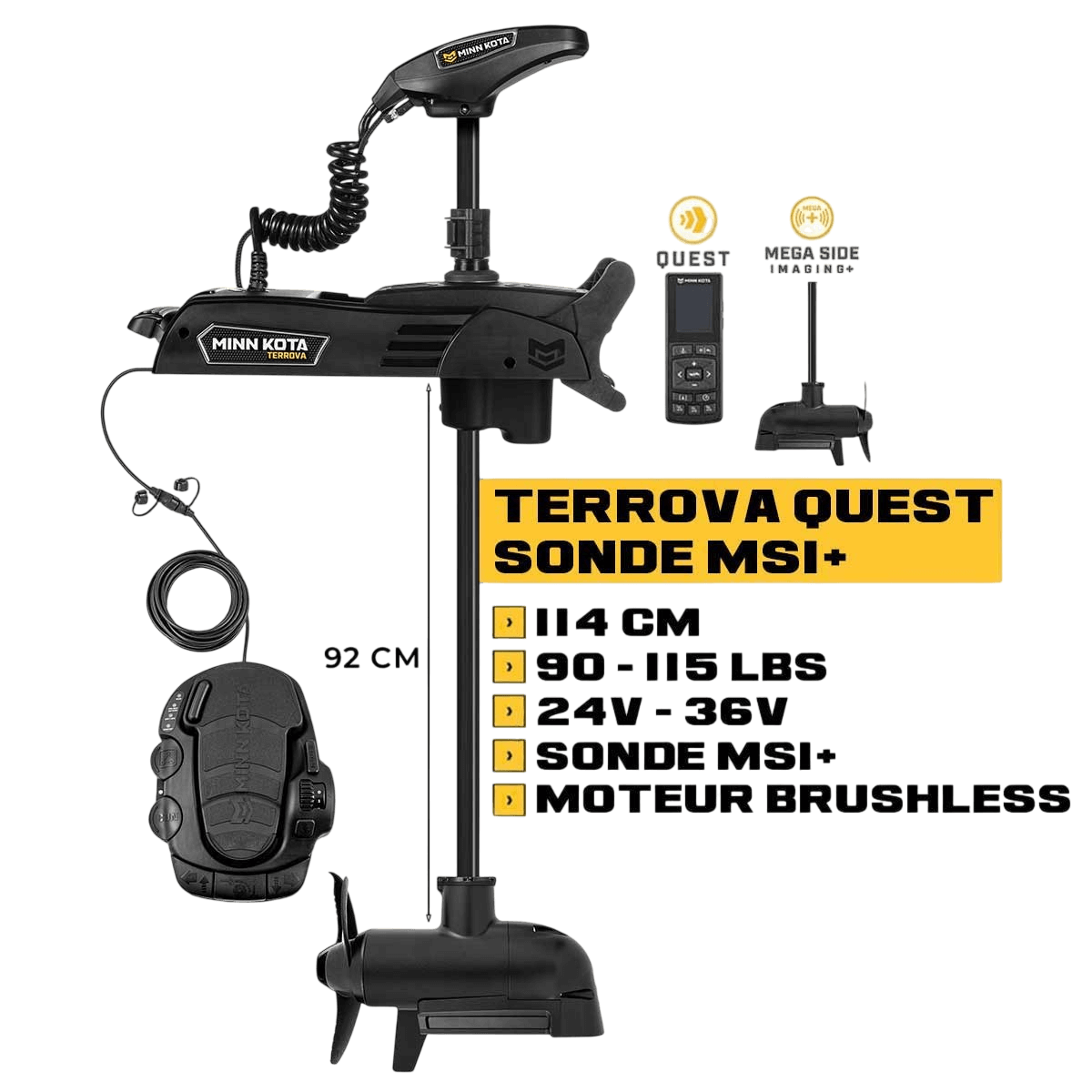 Moteur avant Minn Kota TERROVA QUEST 114 cm + sonde MSI+ + pédale + télécommande - eaux douces - 24V/36V - 90/115LBS