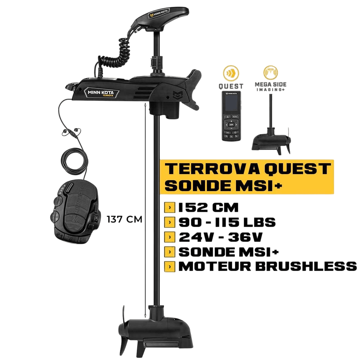 Moteur avant Minn Kota TERROVA QUEST 152 cm + sonde MSI+ + pédale + télécommande - eaux douces - 24V/36V - 90/115LBS