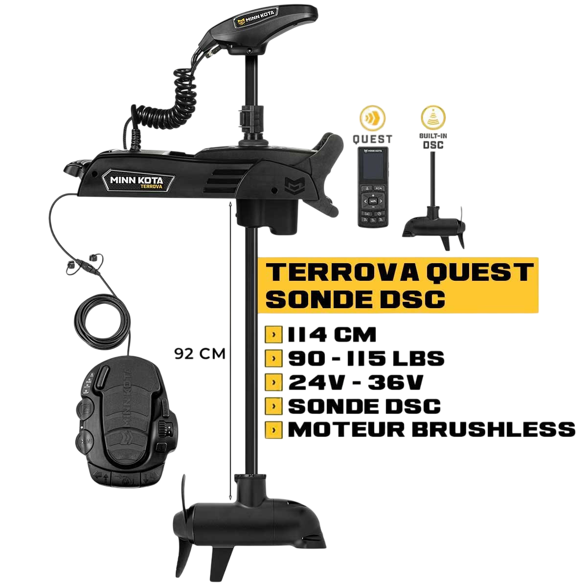 Moteur avant Minn Kota TERROVA QUEST 114 cm + sonde DSC + pédale + télécommande - eaux douces - 24V/36V - 90/115LBS