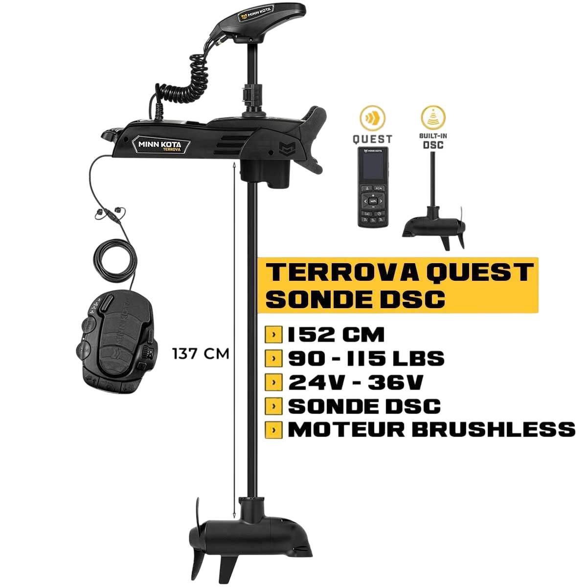 Moteur avant Minn Kota TERROVA QUEST 152 cm + sonde DSC + pédale + télécommande - eaux douces - 24V/36V - 90/115LBS