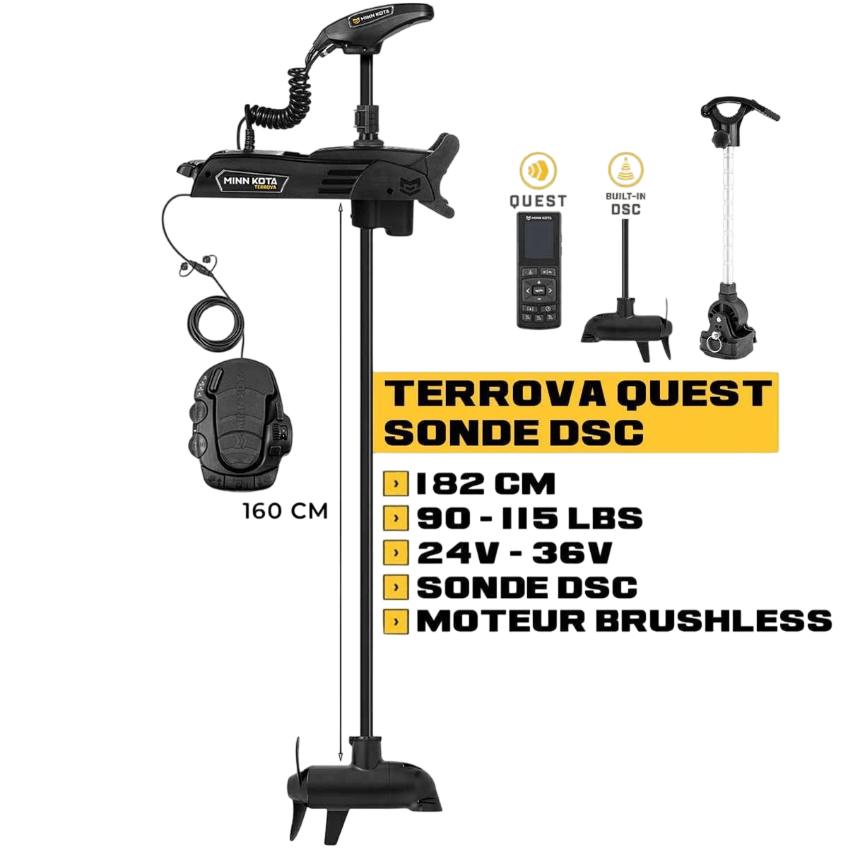 Moteur avant Minn Kota TERROVA QUEST 182 cm + sonde DSC + pédale + télécommande - 24V/36V - 90/115LBS + kit stabilisateur