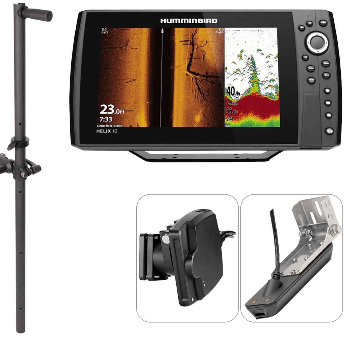 Pack complet Humminbird Helix 10 G4N MSI+ + Sonde Mega Live Imaging + sonde tableau arrière + perche de sonde 1m