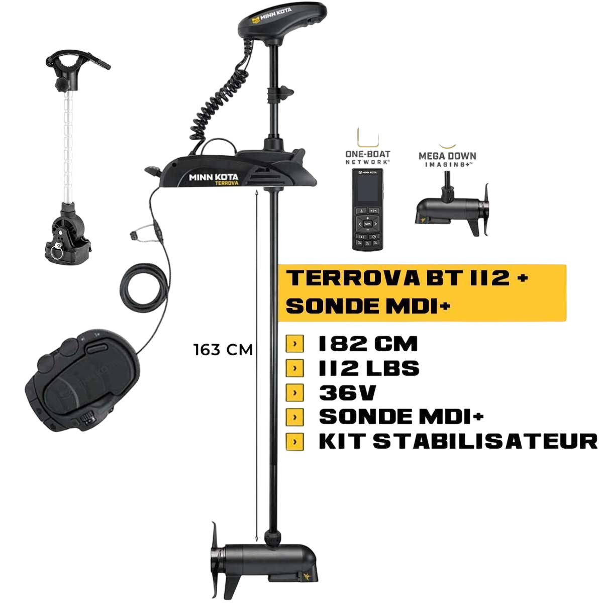 MK-1358316 - Moteur avant Minn Kota TERROVA 112 Lbs GPS 36V 182cm + sonde MDI+ avec télécommande, pédale et kit stabilisateur