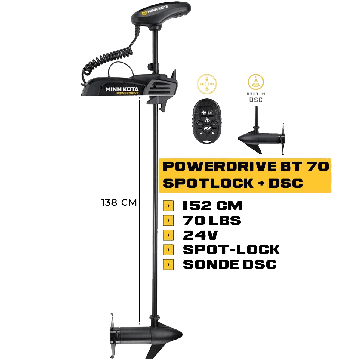 Moteur électrique avant Minn Kota POWERDRIVE BT 70 Lbs Spot-Lock 24V 152 cm avec micro-télécommande et sonde DSC intégrée