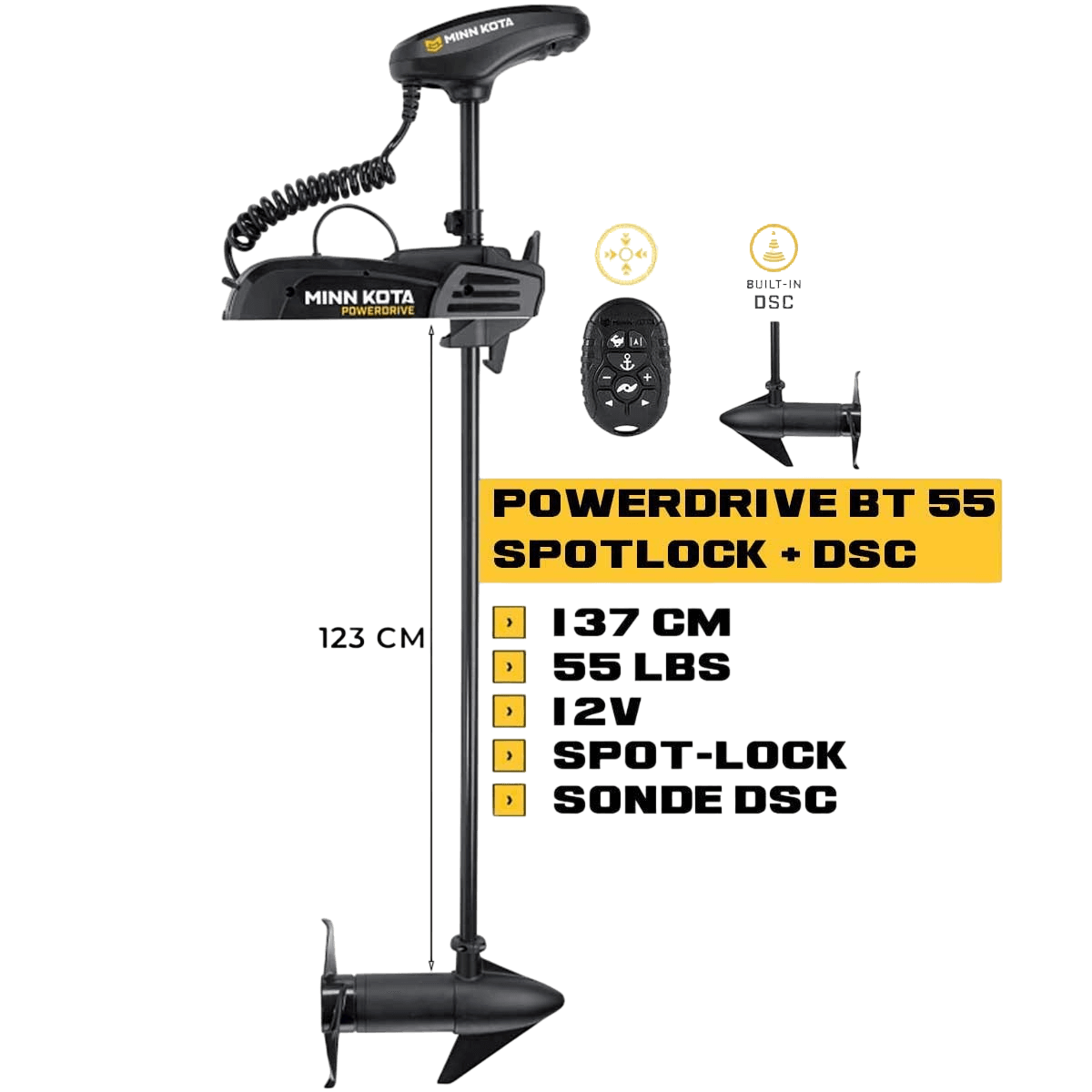 Moteur électrique avant Minn Kota POWERDRIVE BT 55 Lbs Spot-Lock 12V 137 cm avec micro-télécommande et sonde DSC intégrée
