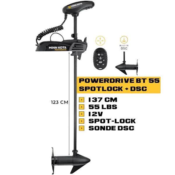 Moteur électrique avant Minn Kota POWERDRIVE BT 55 Lbs Spot-Lock 12V 137 cm avec micro-télécommande et sonde DSC intégrée - N°8 - comptoirnautique.com