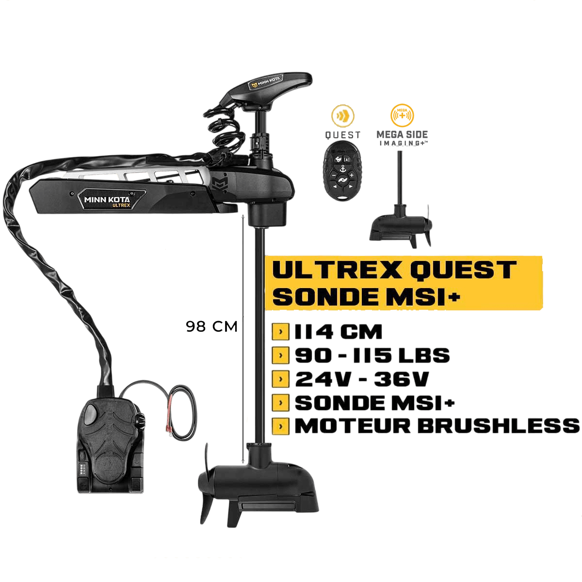 Moteur avant Minn Kota ULTREX QUEST 114 cm + sonde MSI+ + pédale + micro télécommande - eaux douces - 24V/36V - 90/115LBS