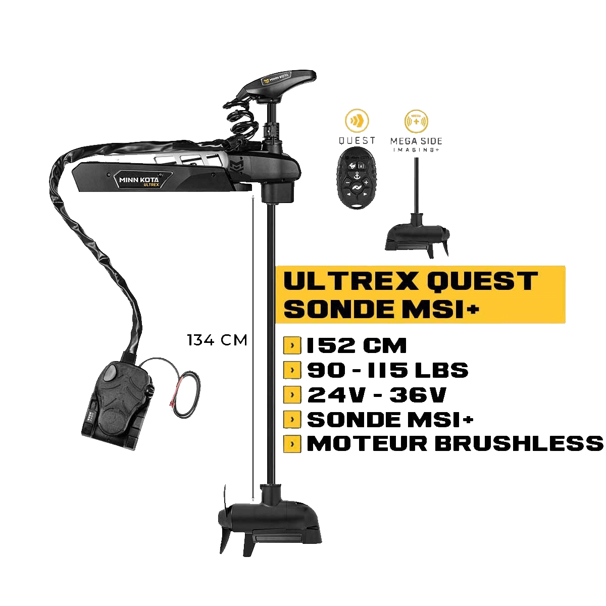 Moteur avant Minn Kota ULTREX QUEST 152 cm + sonde MSI+ + pédale + micro télécommande - eaux douces - 24V/36V - 90/115LBS