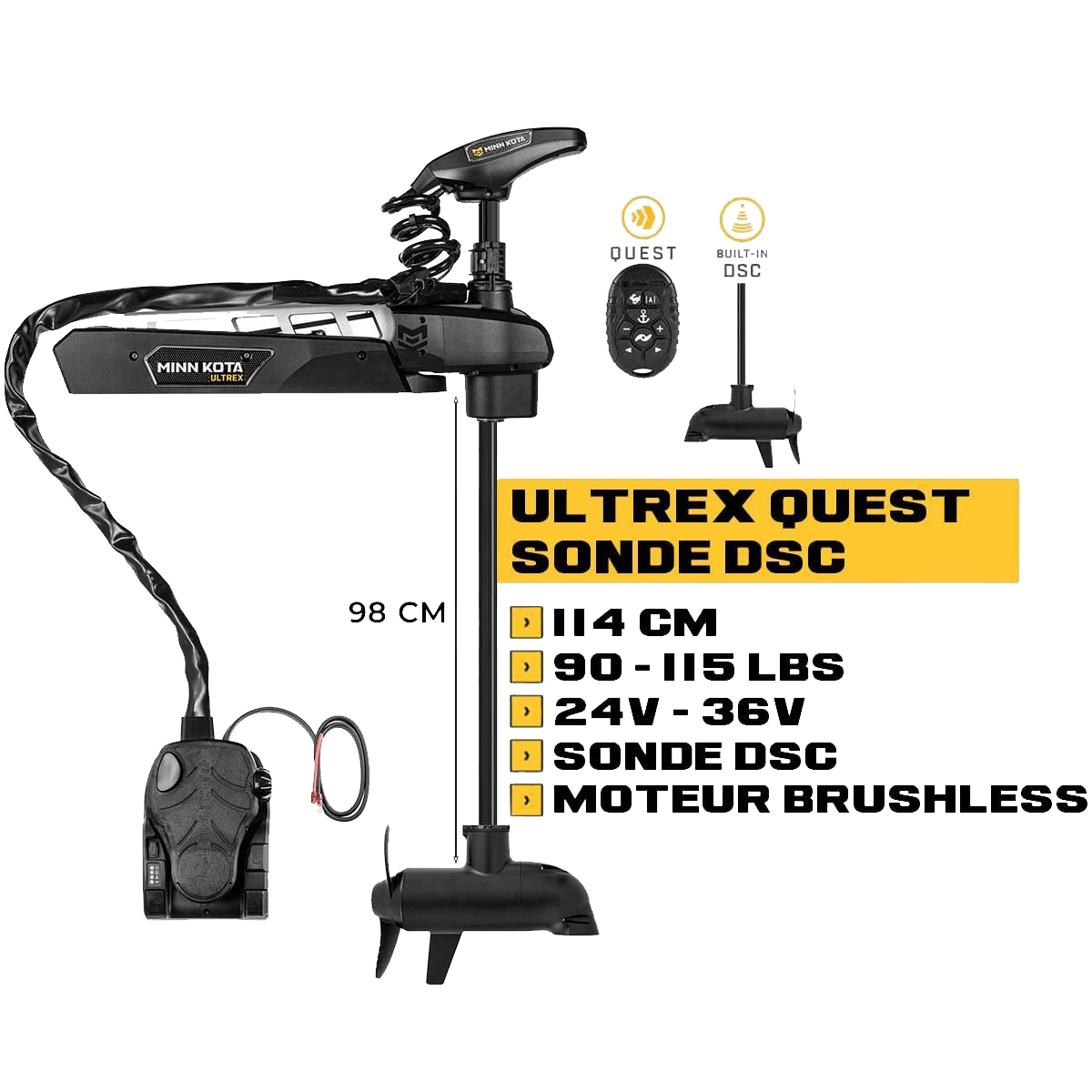 Moteur avant Minn Kota ULTREX QUEST 114 cm + sonde DSC + pédale + micro télécommande - eaux douces - 24V/36V - 90/115LBS