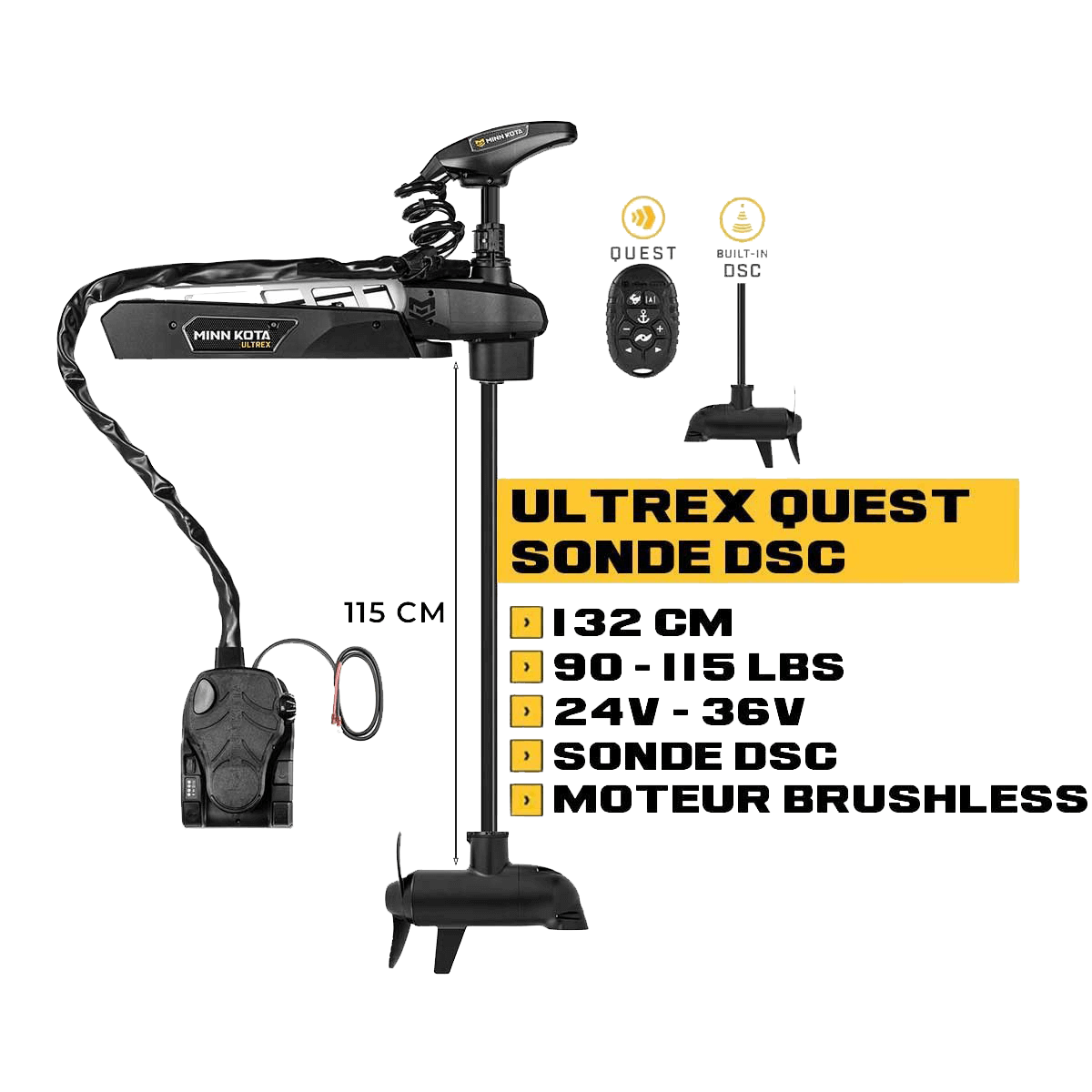 Moteur avant Minn Kota ULTREX QUEST 132 cm + sonde DSC + pédale + micro télécommande - eaux douces - 24V/36V - 90/115LBS