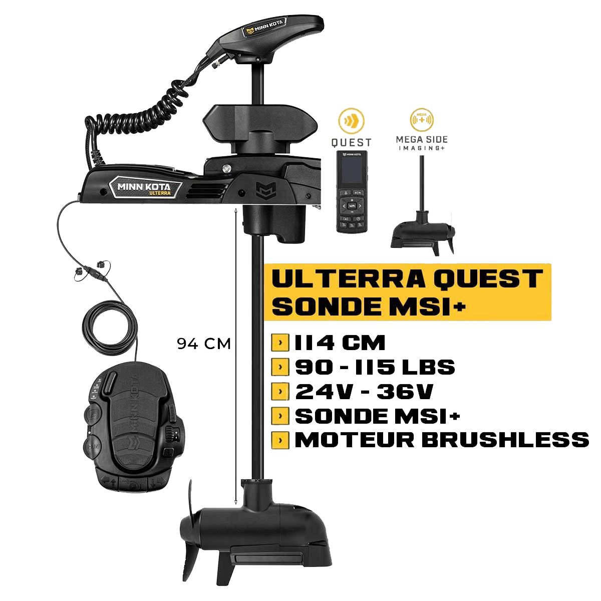 Moteur avant Minn Kota ULTERRA QUEST 114 cm + sonde MSI+ + pédale + télécommande - eaux douces - 24V/36V - 90/115LBS