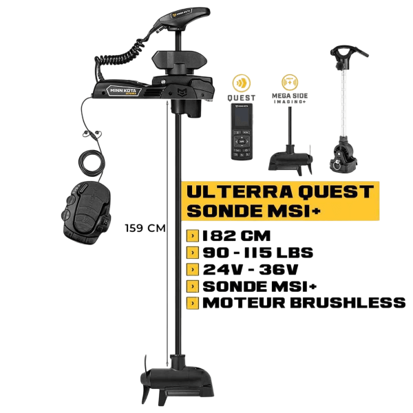 Moteur avant Minn Kota ULTERRA QUEST 182 cm + sonde MSI+ + pédale + télécommande - 24V/36V - 90/115LBS + kit stabilisateur - N°4 - comptoirnautique.com