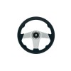 Black leather-wrapped boat steering wheel, Ø 350 mm, 3 aluminum spokes - N°1 - comptoirnautique.com