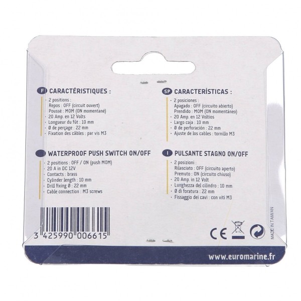Waterproof push-button switch, 20A, 22 mm diameter - N°5 - comptoirnautique.com