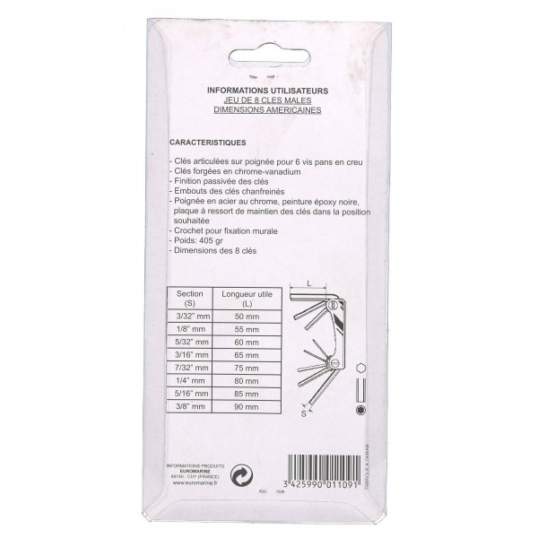 - -inch male hex key, sold in packs of 8 - N°3 - comptoirnautique.com