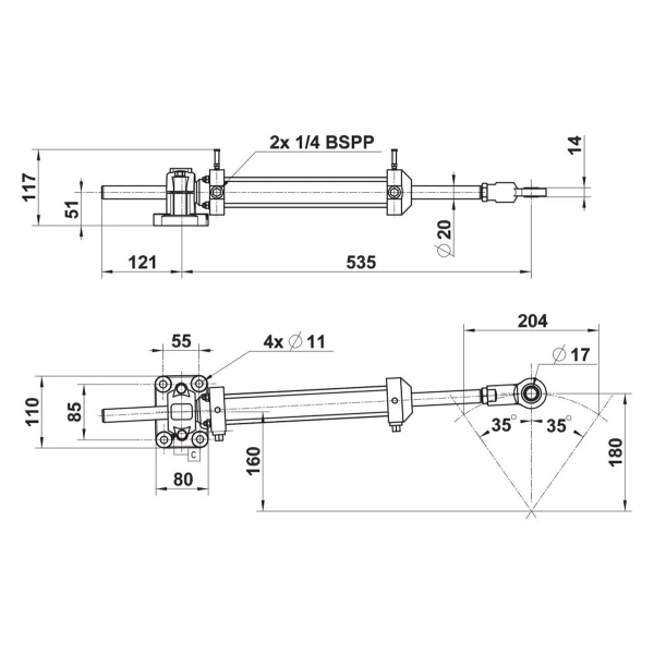 Vérin hydraulique aluminium VHM 40 DTP 2200075 dimensions - N°13 - comptoirnautique.com