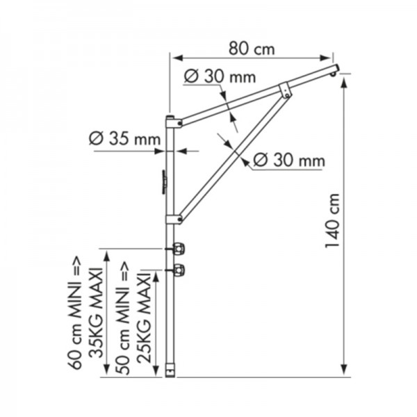 Mât de charge pliant et amovible Plastimo - dimensions - N°3 - comptoirnautique.com