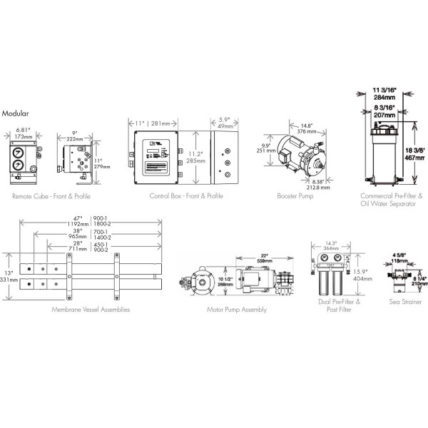 Dessalinisateur modulaire Seafari VERSATILE 140 L/h 220V HRO Systems schéma des dimensions - N°4 - comptoirnautique.com