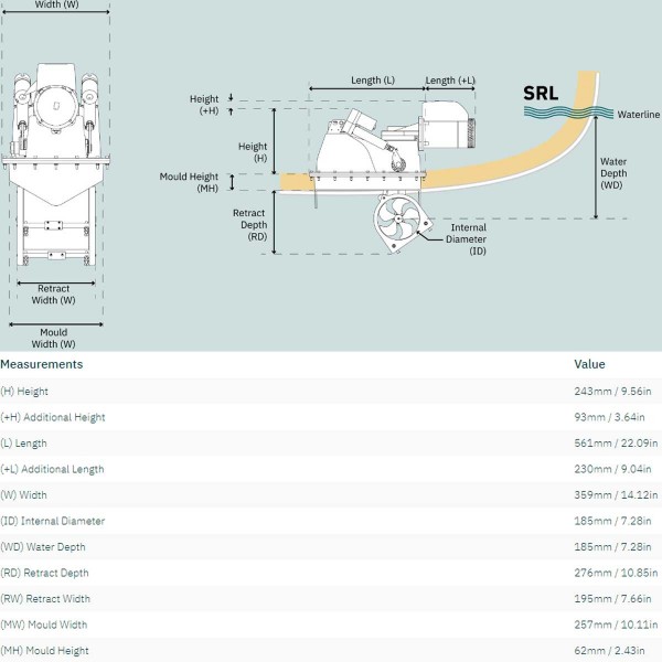 Propulseur rétractable SRL80 / 185T 12V Sleipner dimensions - N°2 - comptoirnautique.com