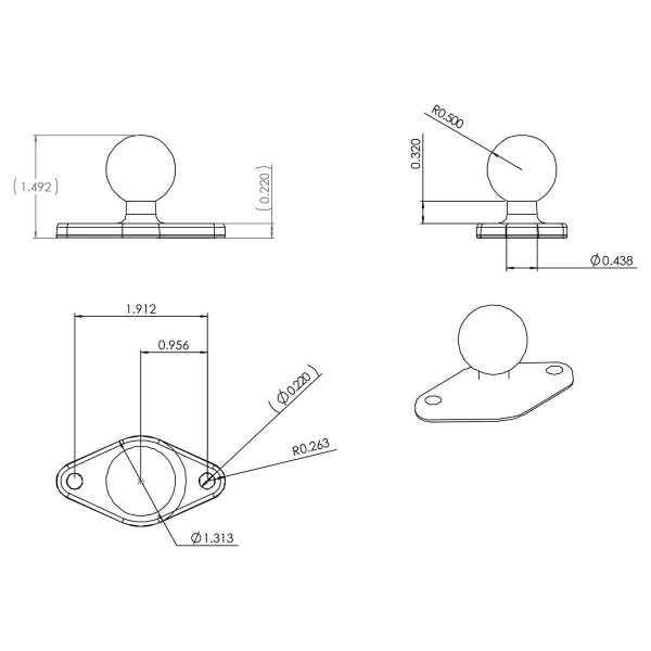 Dimensions Base RAM losange à visser boule B RAM MOUNTS - N°4 - comptoirnautique.com
